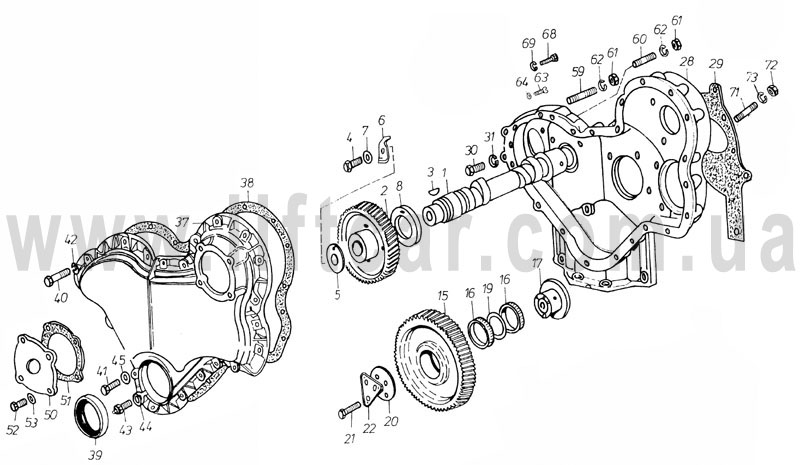 Электронный каталог запасных частей для двигателя Д-3900К производства  Балканкар (Balkancar) - 01.05 Распределительная передача
